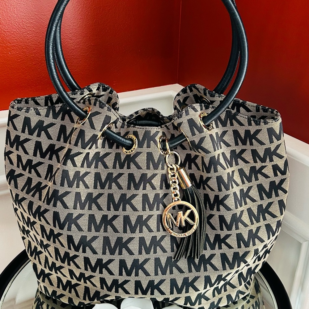 Michael Kors Black and Tan Shoulder Bag with Signature Charm
